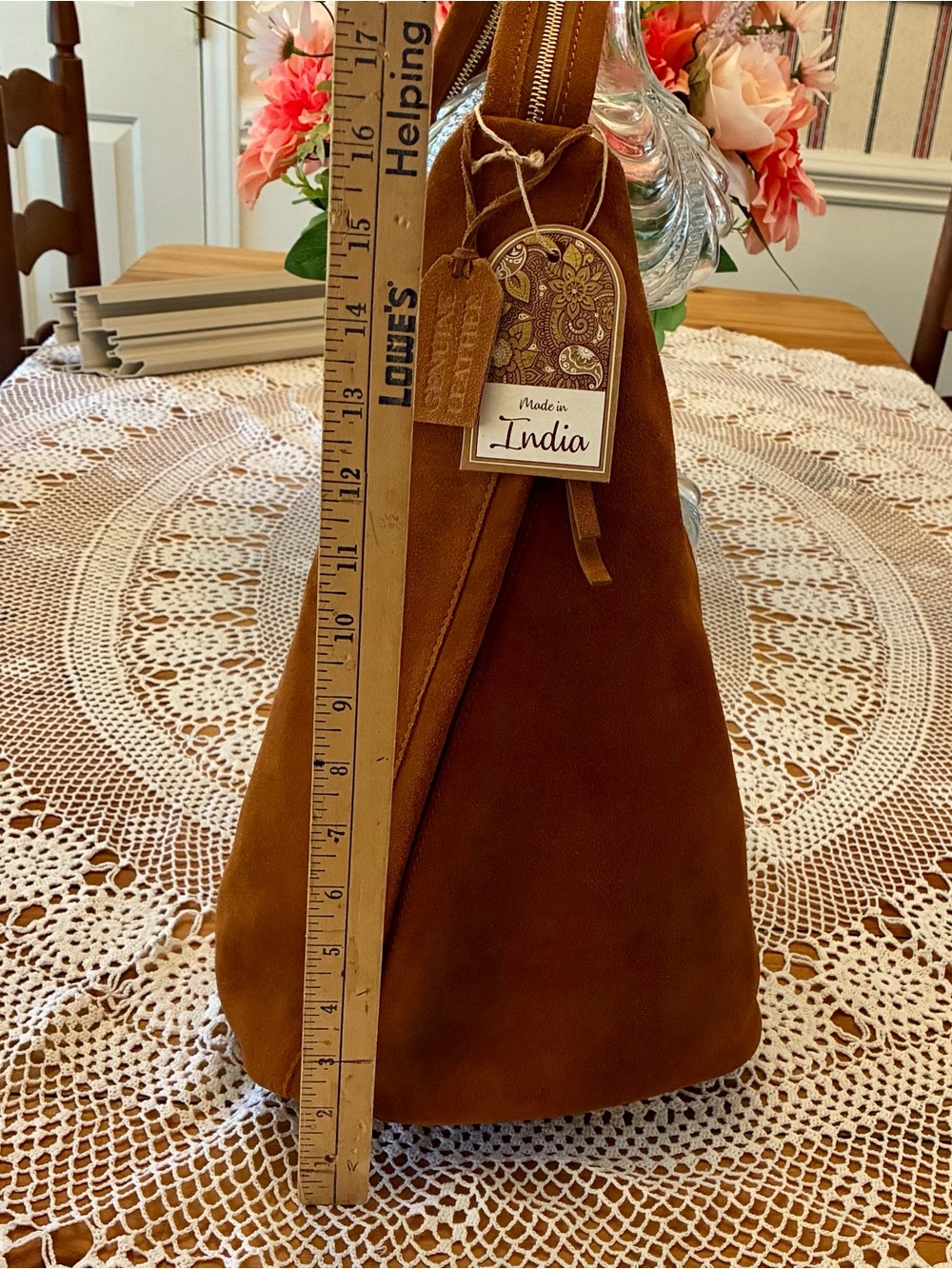 NWT Made in India Brown Suede Women’s Backpack/Sling Bag - Picture 8 of 11